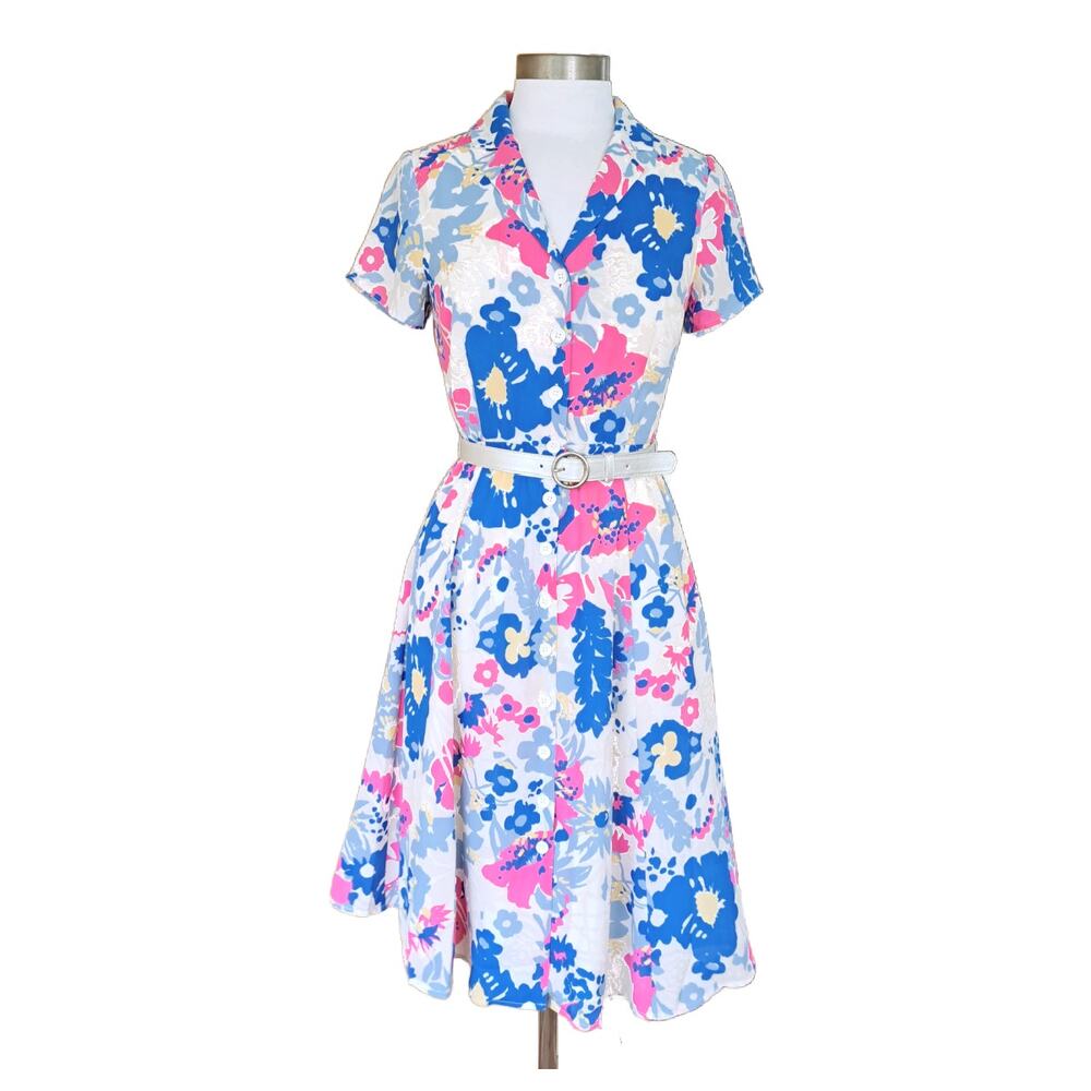 MODCLOTH Exciting Find Shirt Midi Dress Pink Blue Floral Small Retro Spring - Picture 2 of 11